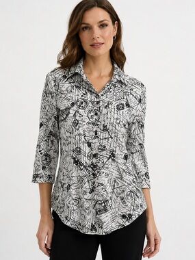 Joseph Ribkoff City Print Button Up Shirt Black & White Sz 8 Style 222173